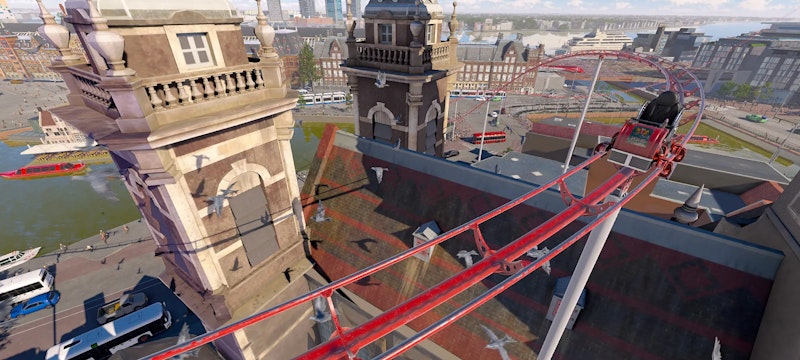 Screenshot from the Amsterdam VR Ride at A'DAM Lookout, showcasing an exciting and immersive virtual reality scene with stunning views and dynamic effects.