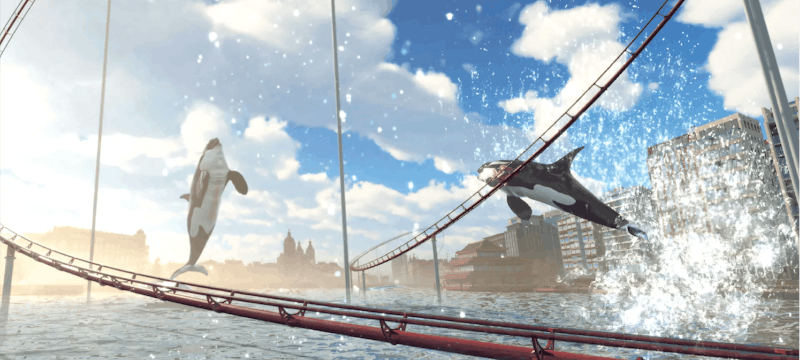 Screenshot showing water and rails from the Amsterdam VR Ride at A'DAM Lookout, providing an immersive and thrilling virtual reality experience with scenic views of the city.