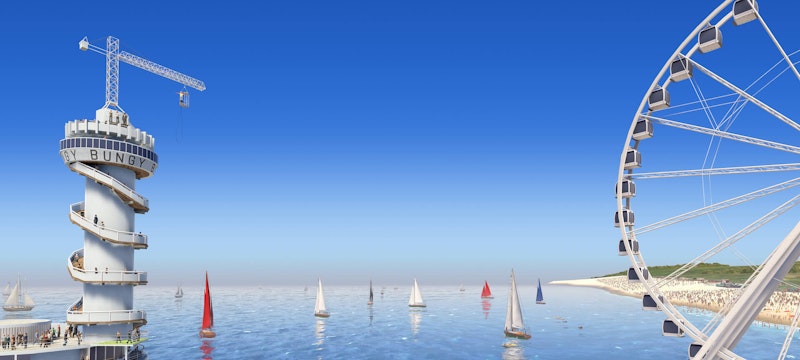 Screenshot from the Scheveningen Beach ride VR experience, created by The VR Boys and Jetstyle, featuring scenic views of water and boats in an immersive virtual reality adventure.